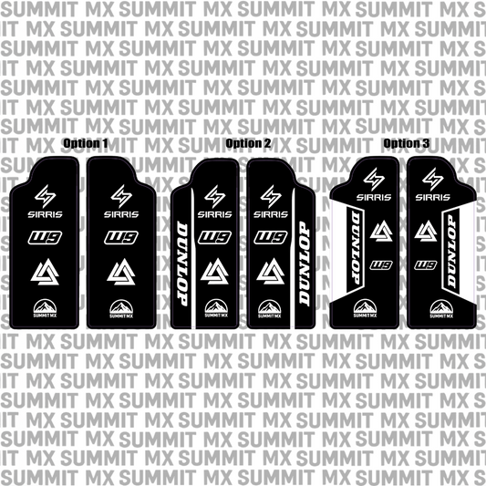 Sirris fork guard decal design options layout — Summit MX