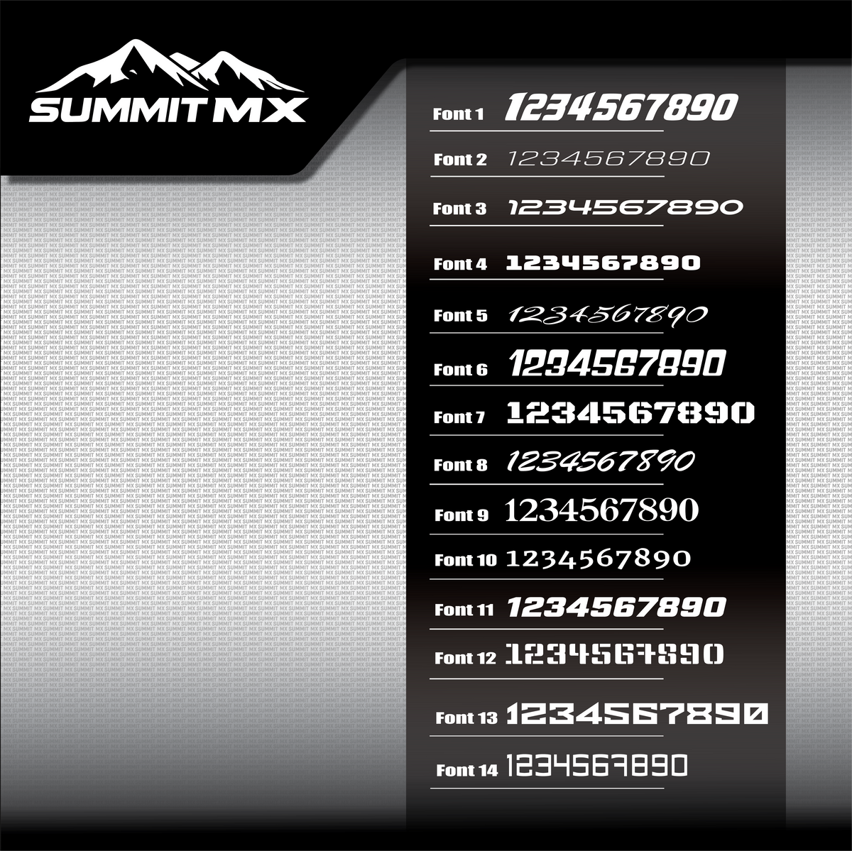 Rider number font options, fonts 1 to 14, for Summit MX custom decals