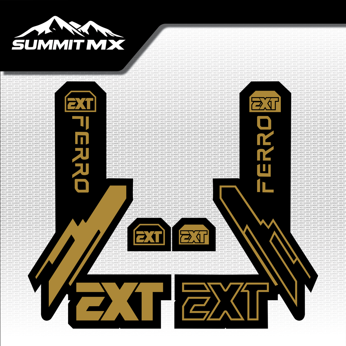 EXT Ferro fork tube decal in gold and black colorway — Summit MX
