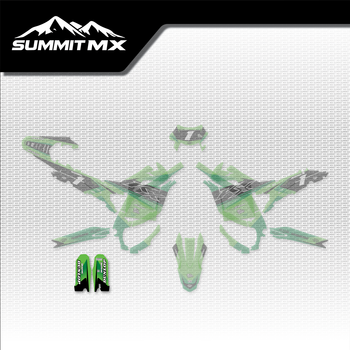 Kawasaki Inspired Ultra Bee Fork Guard Decals shown in place on the full kit layout