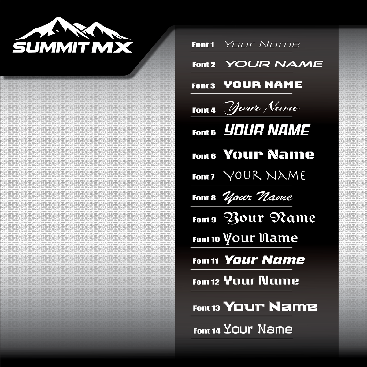 Rider name font options, fonts 1 to 14, for Summit MX graphics kits and number plates