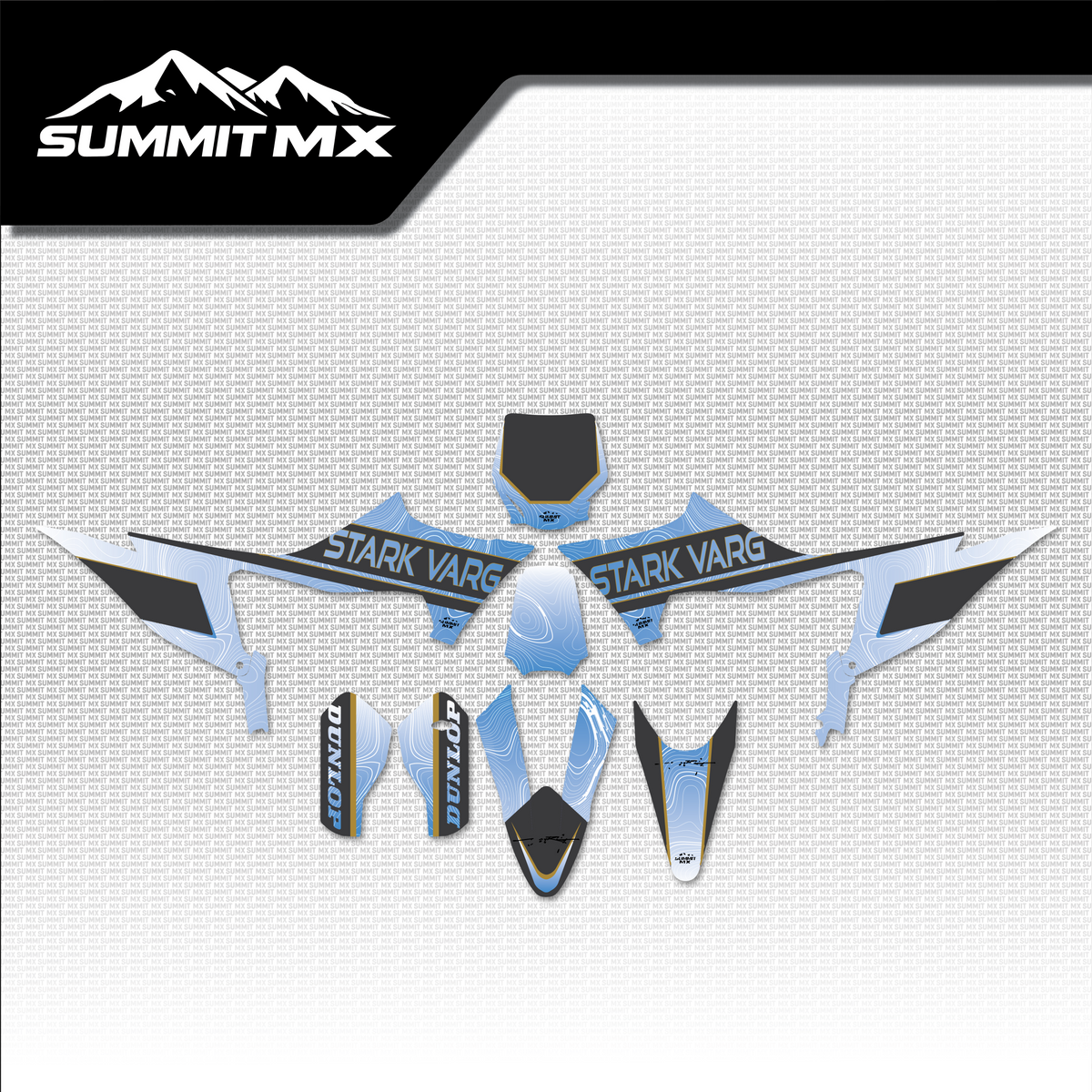 Stark Varg MX graphics kit topographical design in blue and gold on the Summit MX background