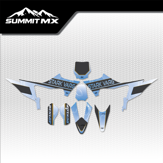 Stark Varg MX graphics kit topographical design in blue and gold on the Summit MX background