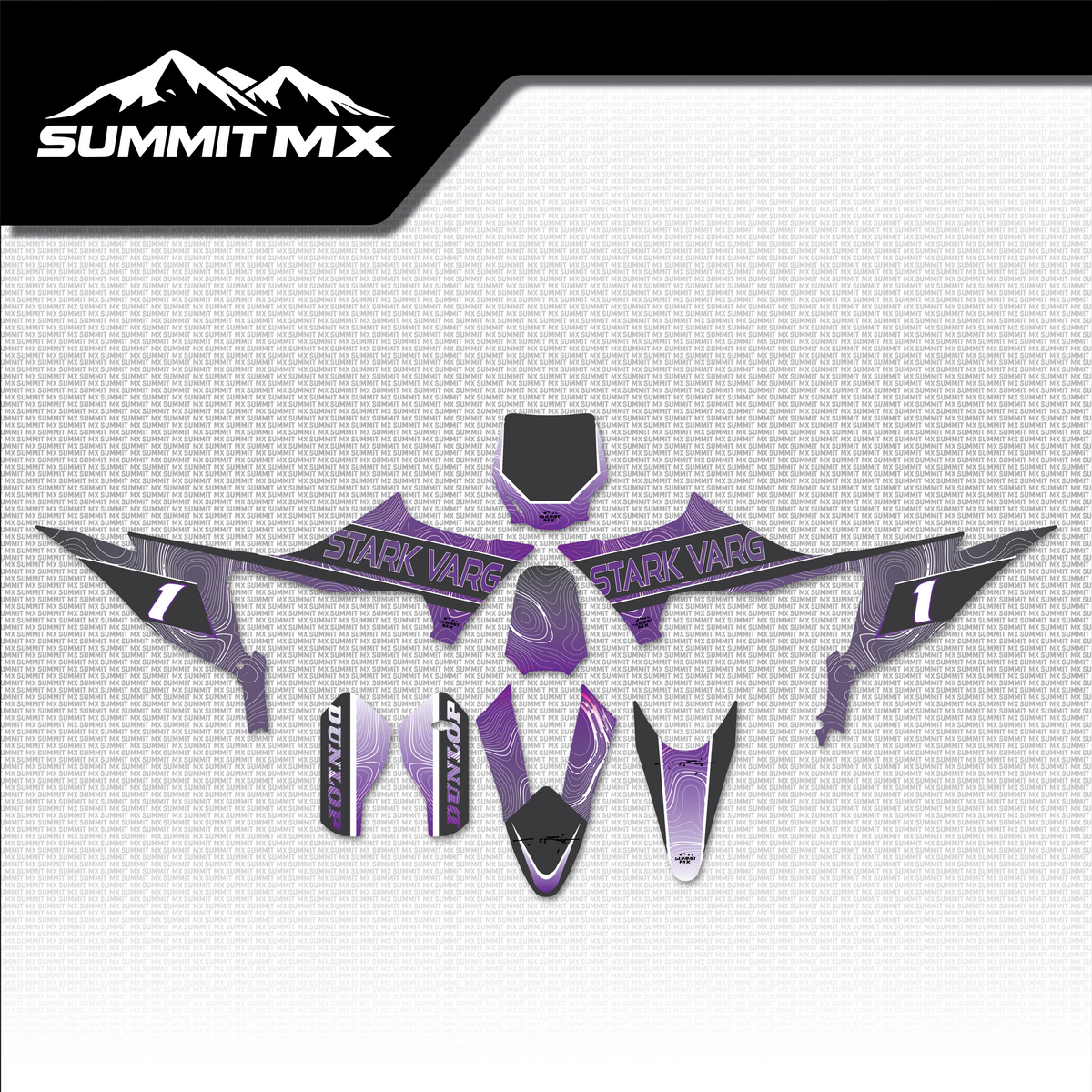 Stark Varg MX graphics kit topographical design in purple and white on the Summit MX background