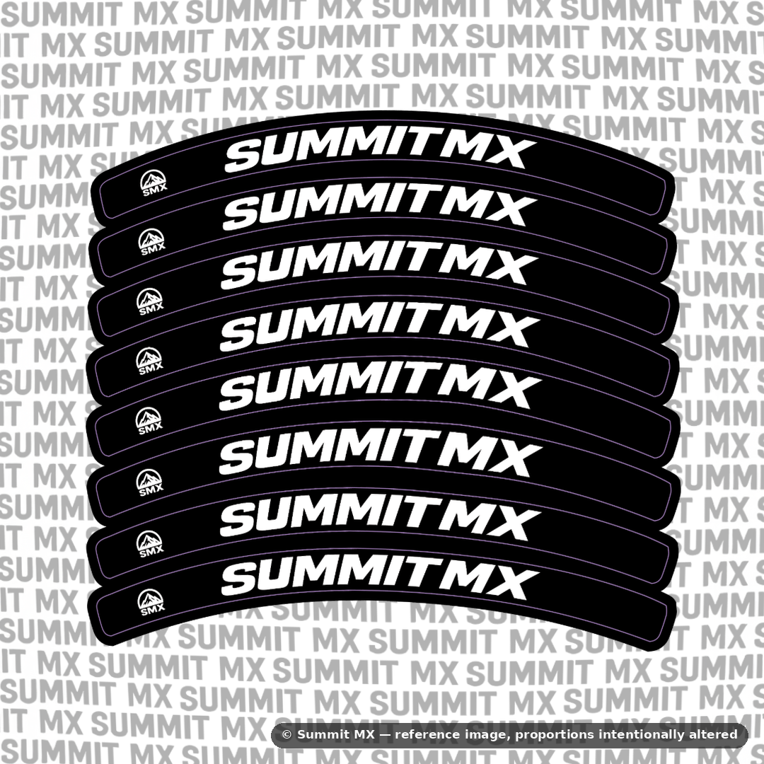 Summit MX rim decals stacked display on dark branded background — Summit MX