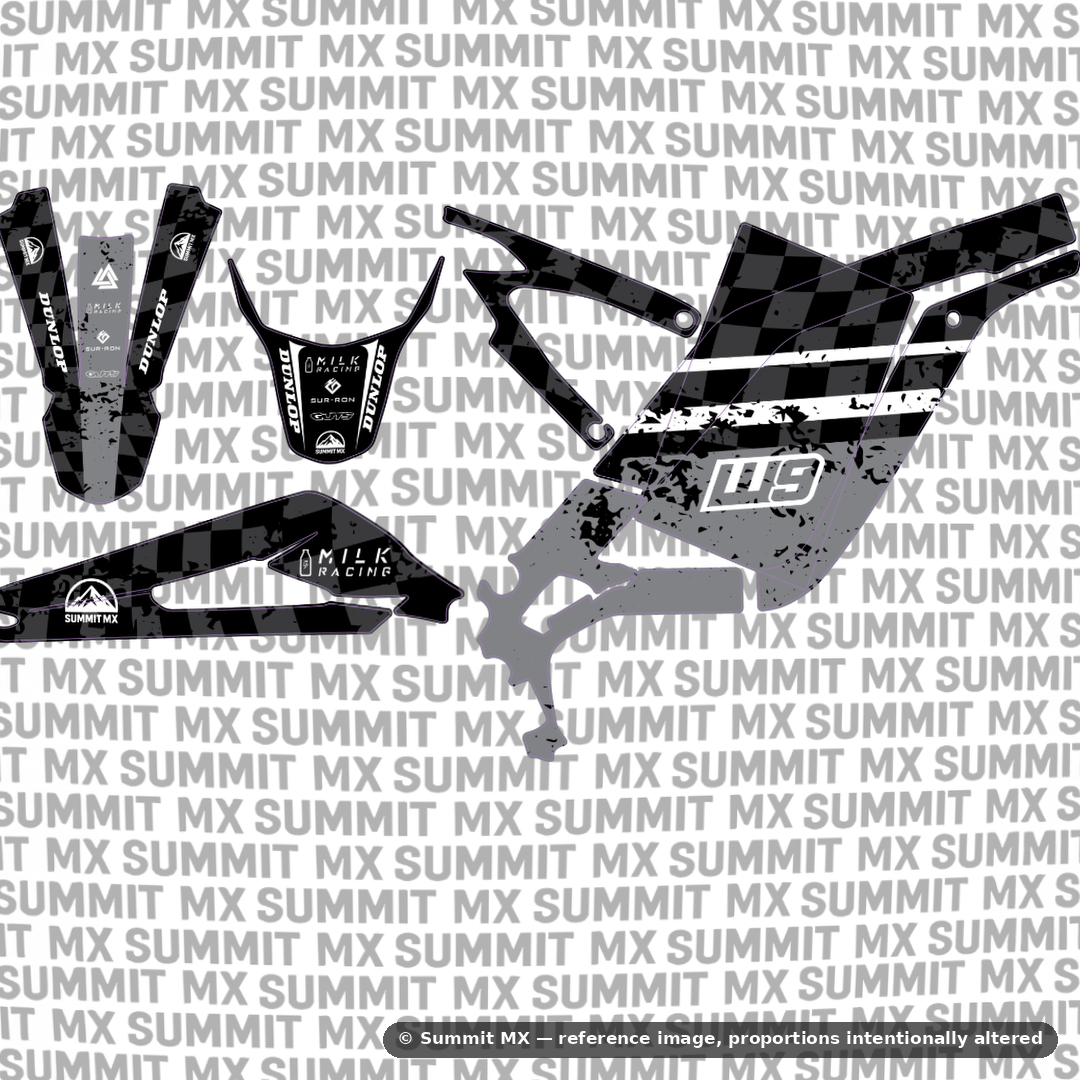 Surron LBX graphics kit design on dark branded background — Summit MX