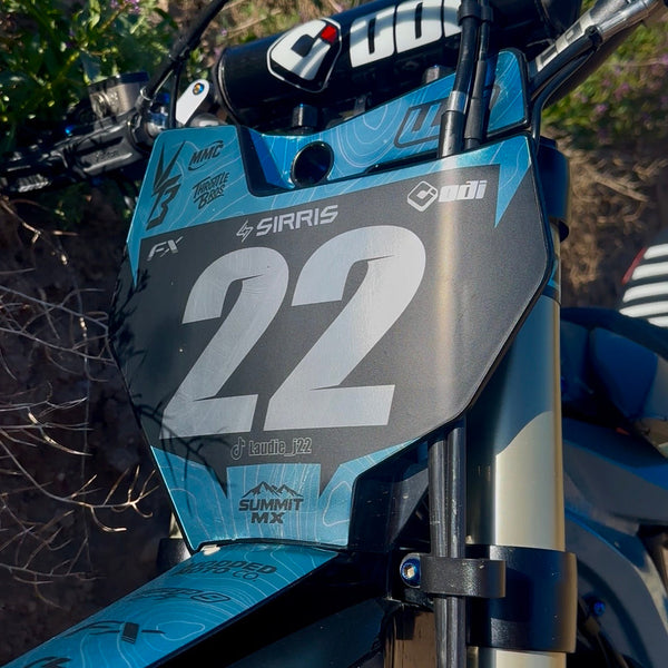 KTM 85 number plate rider number 22 decal installed on Sirris bike