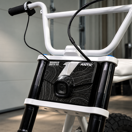Antic mini bike front end with a Summit MX number plate decal fitted