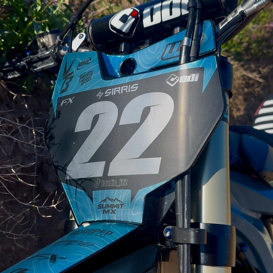 KTM 85 number plate rider number 22 decal installed on Sirris bike