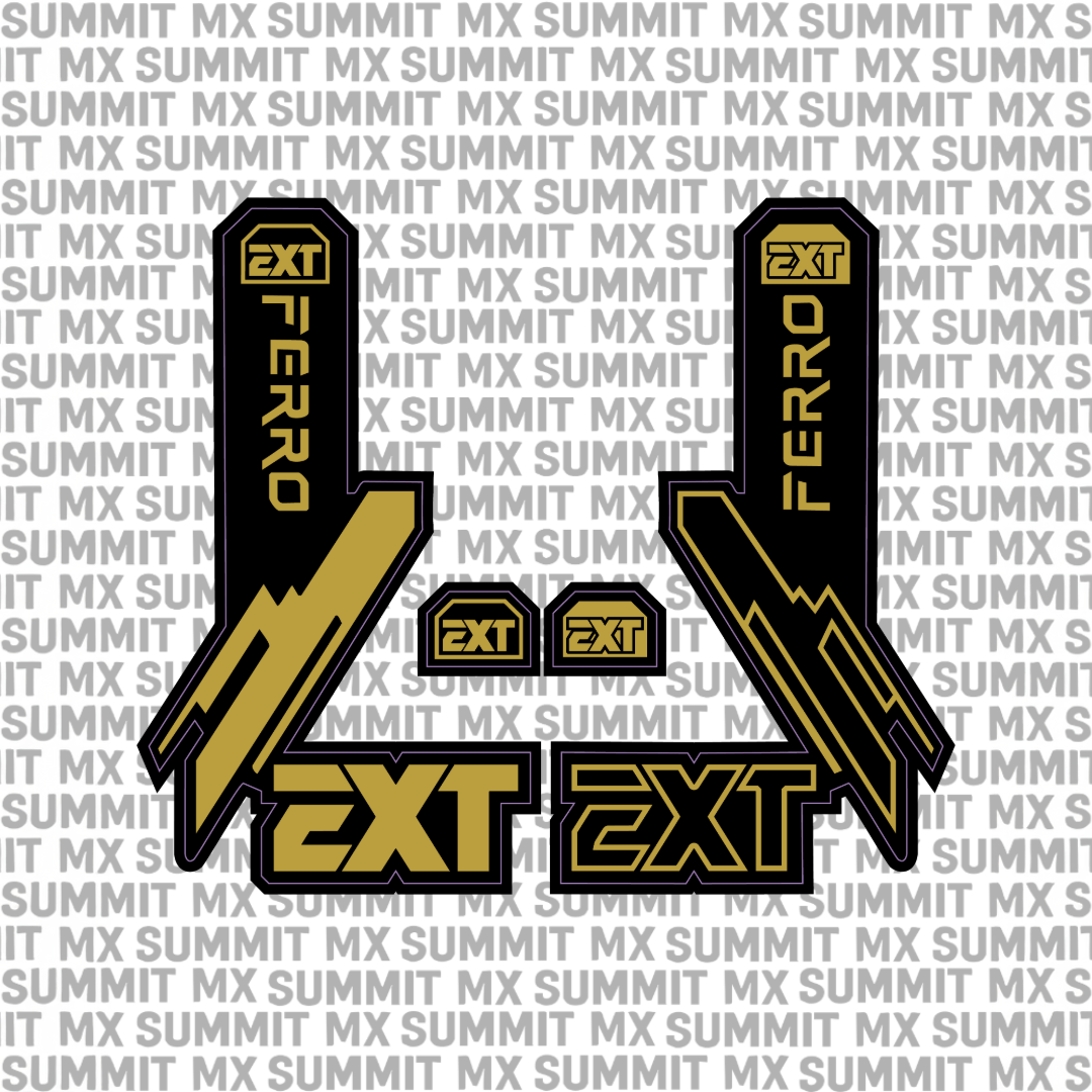 EXT Ferro fork tube decal in gold and black colorway — Summit MX