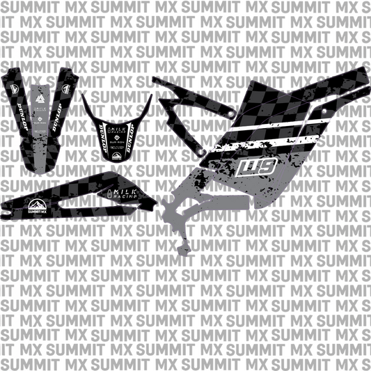 Surron LBX graphics kit design on dark branded background — Summit MX