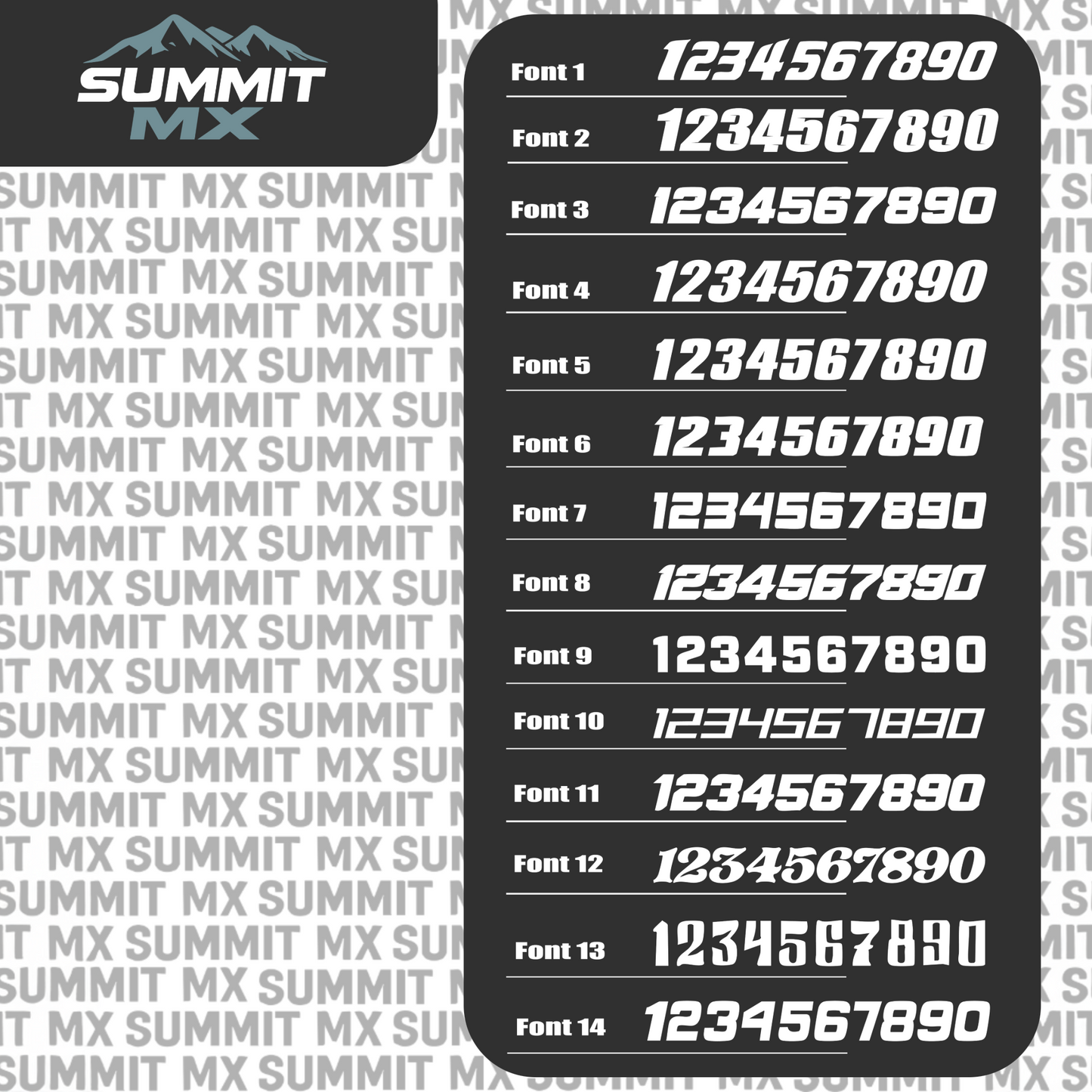 Rider number font options, fonts 1 to 14, for Summit MX custom decals