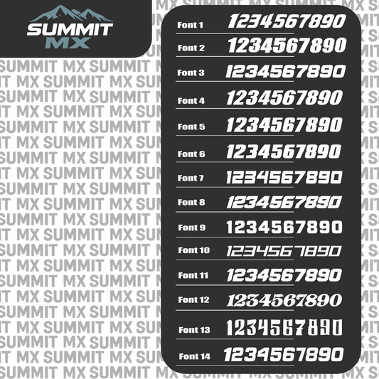 Rider number font options, fonts 1 to 14, for Summit MX custom decals