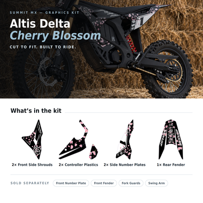 What's in the Cherry Blossom Altis Delta graphics kit: front side shrouds, controller plastics, side number plates and rear fender decals