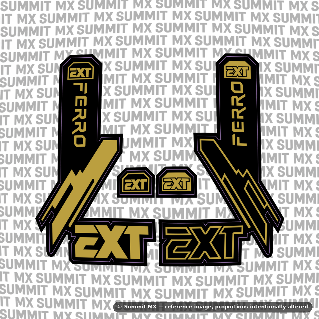 EXT Ferro fork tube decal in gold and black colorway — Summit MX
