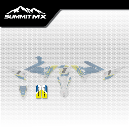 Husqvarna Inspired Altis Sigma Fork Guard Decals placement on the full kit
