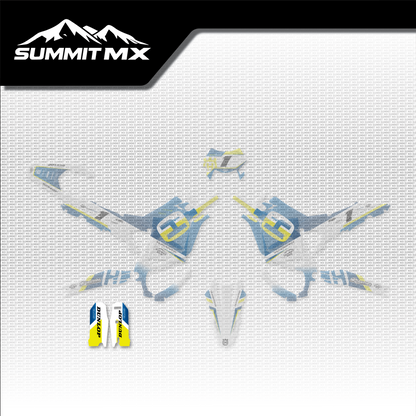 Husqvarna Inspired Ultra Bee Fork Guard Decals shown in place on the full kit layout