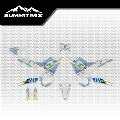 Husqvarna Inspired Ultra Bee Swing Arm Decal shown in place on the full kit layout