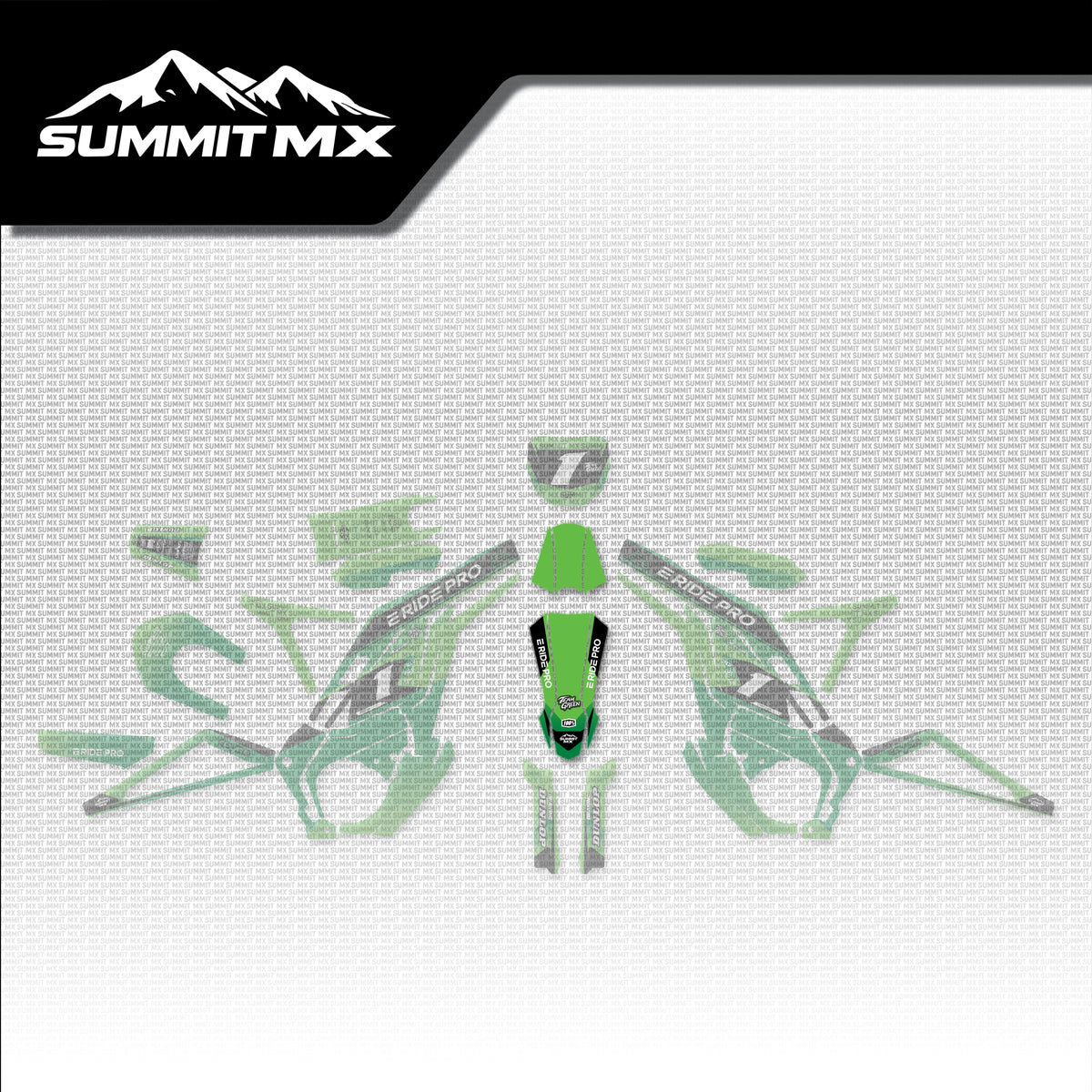 Kawasaki Inspired E-Ride Pro Front Fender Decal placement on the full kit