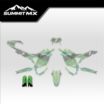 Kawasaki Inspired Ultra Bee Fork Guard Decals shown in place on the full kit layout