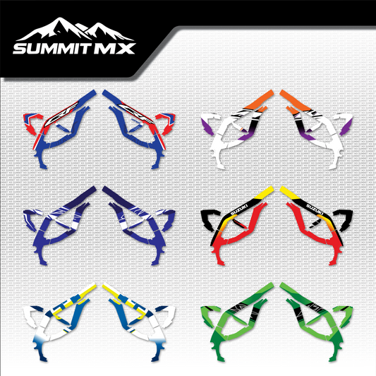 Moto Inspired Ultra Bee Frame Decals in all six designs: Honda, KTM, Yamaha, Suzuki, Husqvarna and Kawasaki inspired