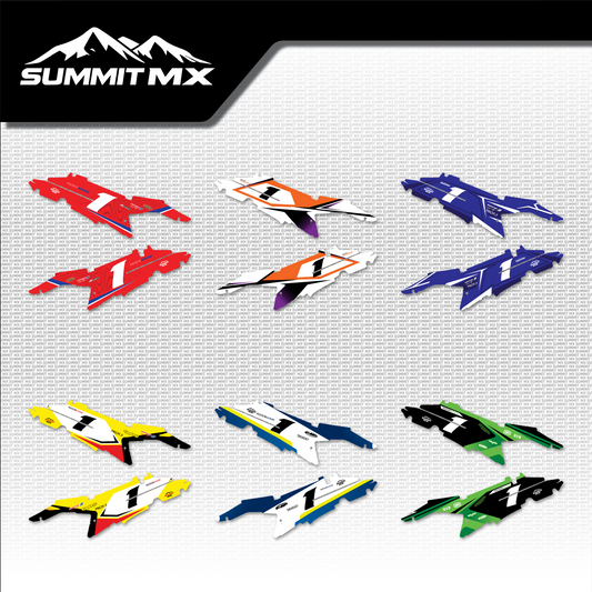 Moto Inspired Ultra Bee Side Number Plate Decals in all six designs: Honda, KTM, Yamaha, Suzuki, Husqvarna and Kawasaki inspired