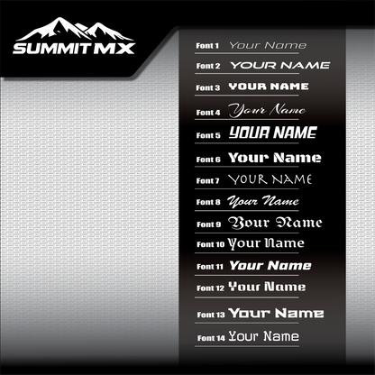 Rider name font options, fonts 1 to 14, for Summit MX graphics kits and number plates