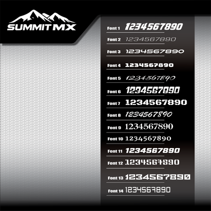 Rider number font options, fonts 1 to 14, for Summit MX graphics kits and number plates