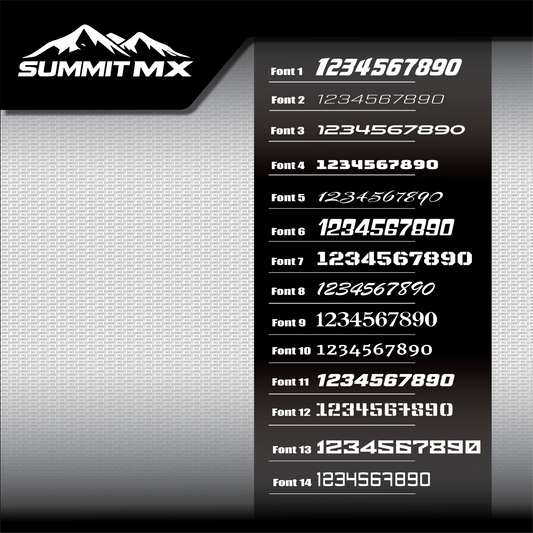 Rider number font options, fonts 1 to 14, for Summit MX graphics kits and number plates