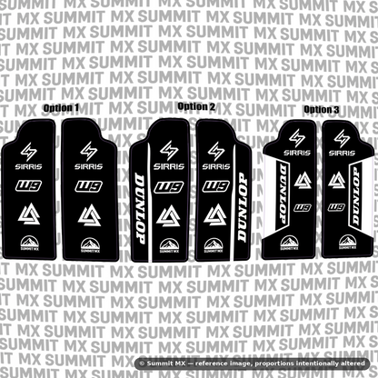 Sirris fork guard decal design options layout — Summit MX
