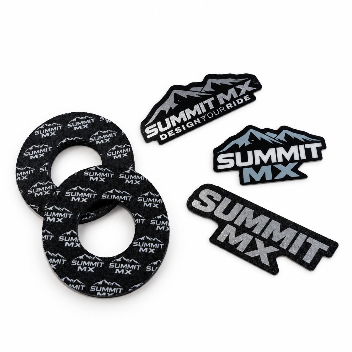 Summit MX Brand Pack with a pair of black Summit MX grip donuts and three Summit MX logo stickers in assorted finishes