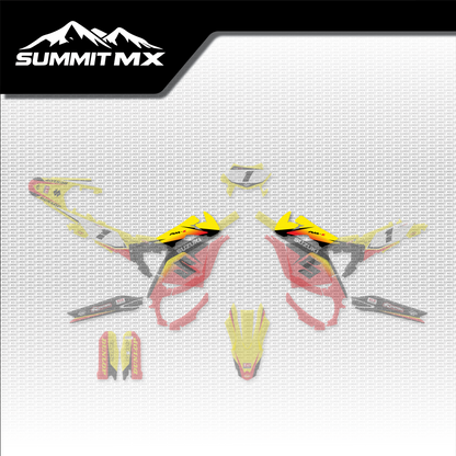 Suzuki Inspired Ultra Bee Battery Shroud Decals shown in place on the full kit layout