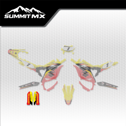Suzuki Inspired Ultra Bee Fork Guard Decals shown in place on the full kit layout
