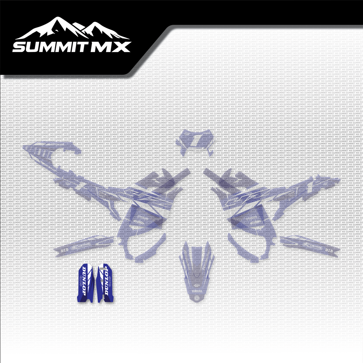 Yamaha Inspired Ultra Bee Fork Guard Decals shown in place on the full kit layout